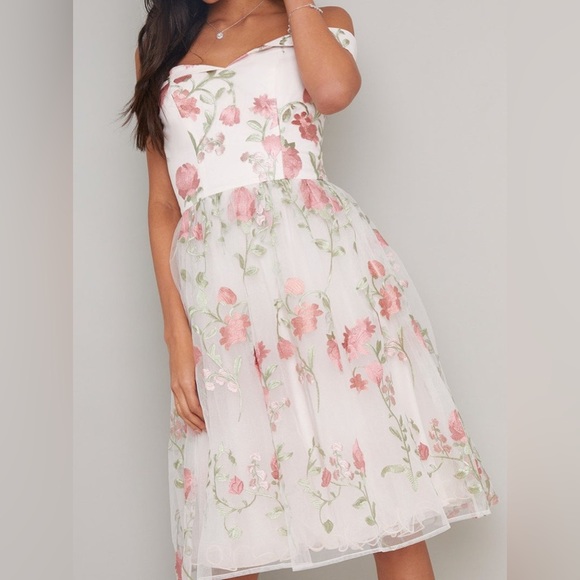 Chi Chi London Pink Bardot Lace Embroidered Overlay Midi Dress - Picture 2 of 8